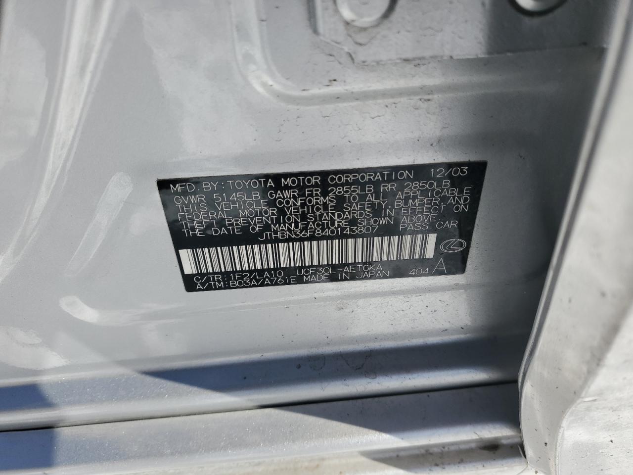 2004 Lexus Ls 430 VIN: JTHBN36F840143807 Lot: 91483775