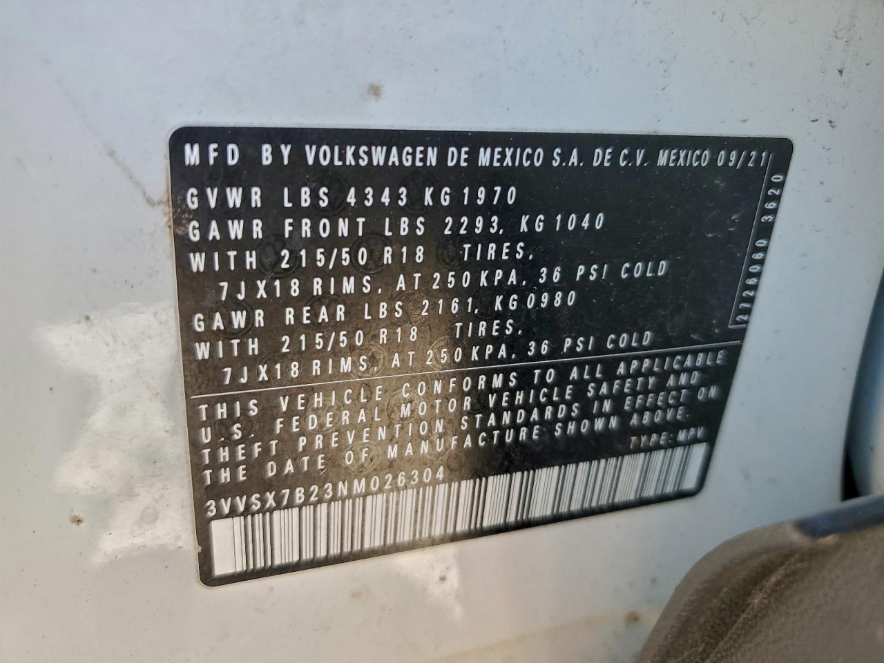 2022 Volkswagen Taos Se VIN: 3VVSX7B23NM026304 Lot: 94532485