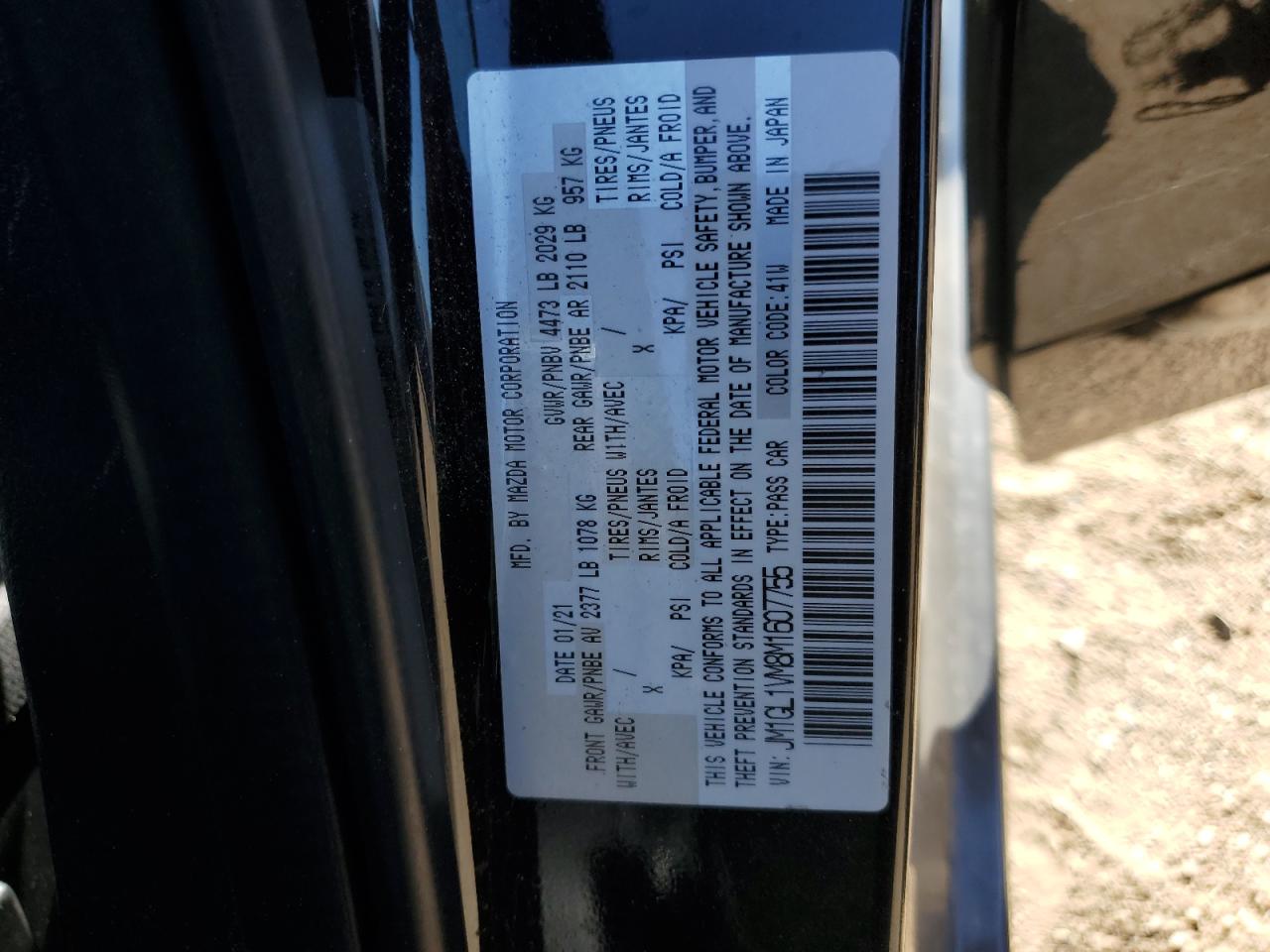 2021 Mazda 6 Touring VIN: JM1GL1VM8M1607755 Lot: 90229565