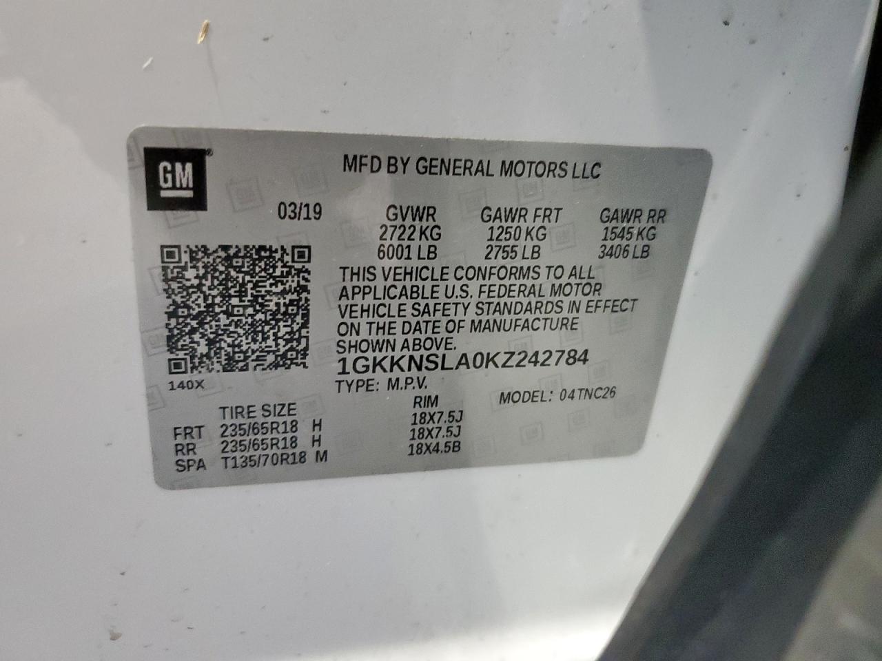 2019 GMC Acadia Sle VIN: 1GKKNSLA0KZ242784 Lot: 91378205