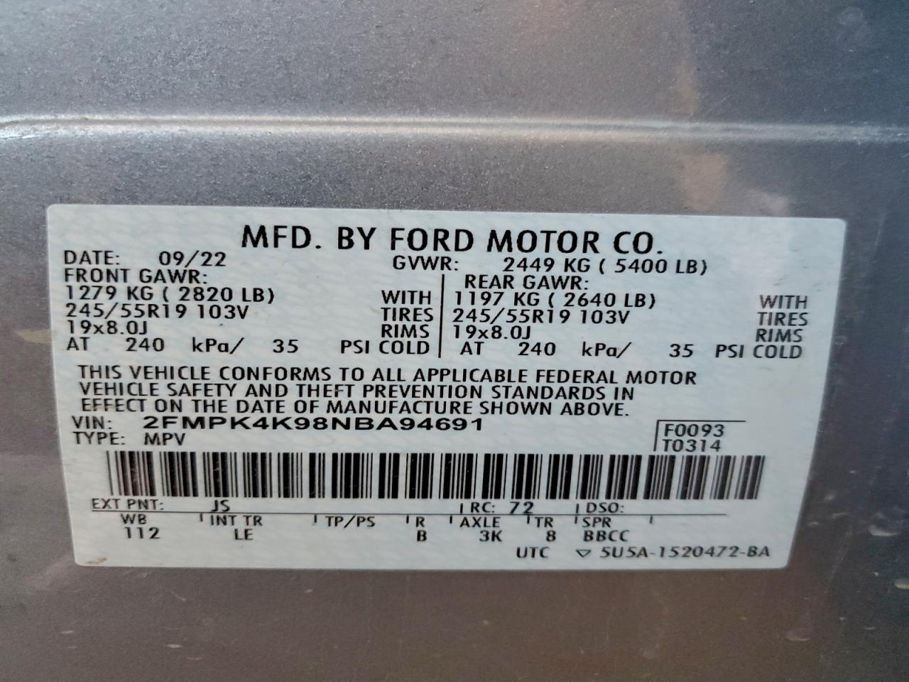 2022 Ford Edge Titanium VIN: 2FMPK4K98NBA94691 Lot: 94126615