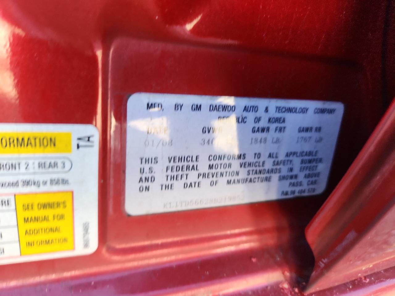 2008 Chevrolet Aveo Base VIN: KL1TD56628B219852 Lot: 92890065