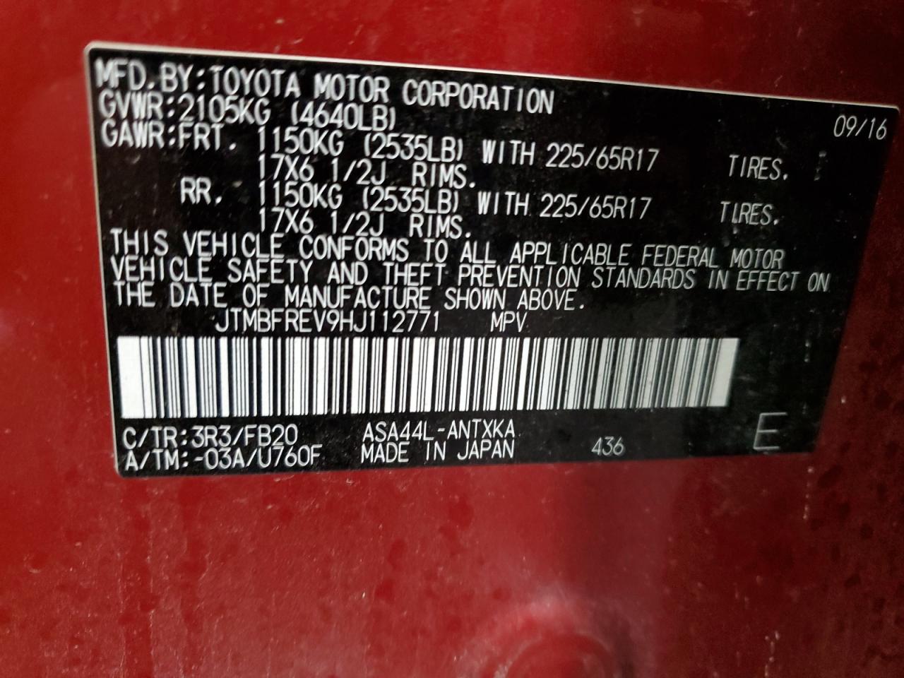 2017 Toyota Rav4 Le VIN: JTMBFREV9HJ112771 Lot: 93466195