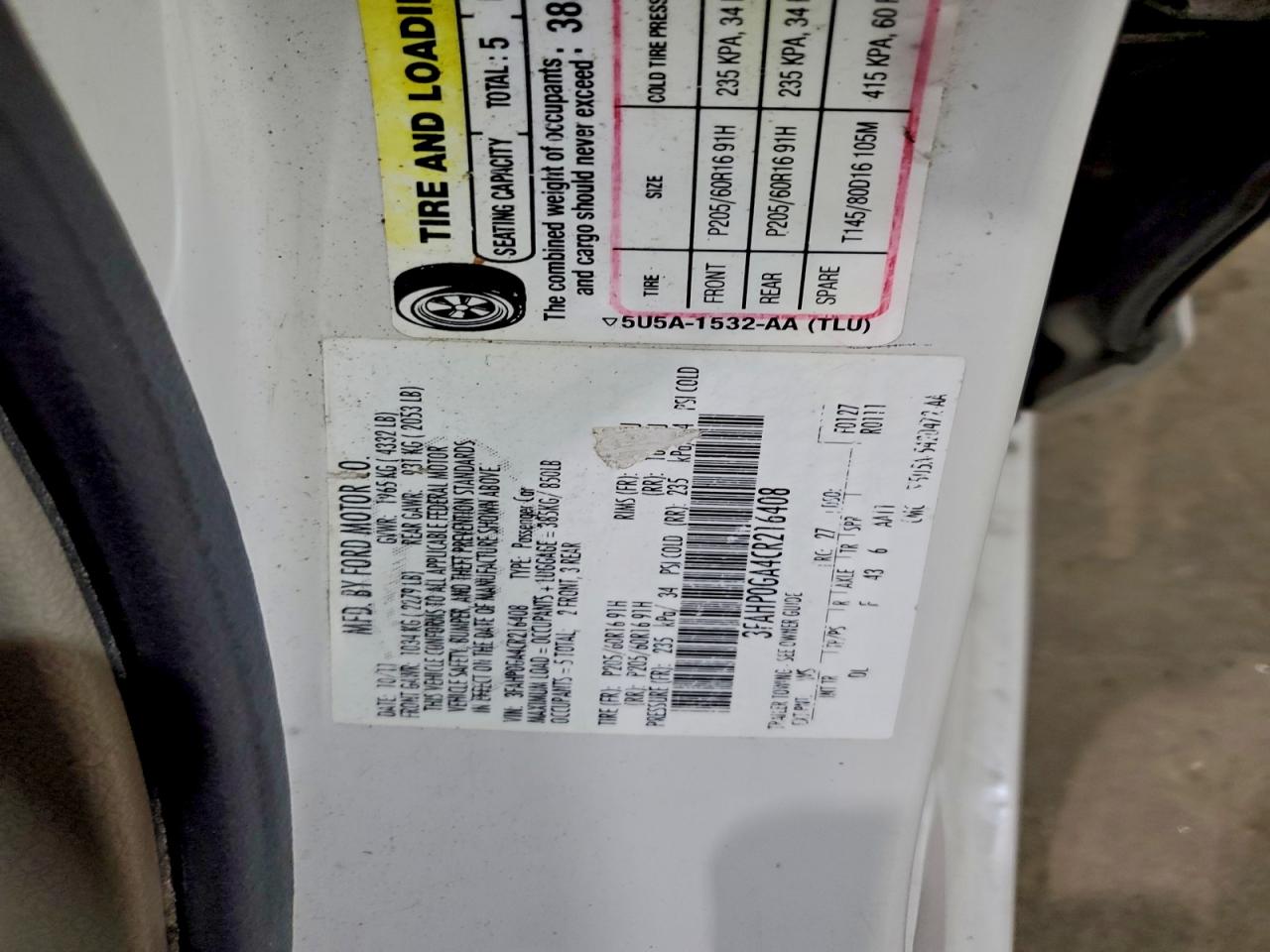 2012 Ford Fusion S VIN: 3FAHP0GA4CR216408 Lot: 93763555