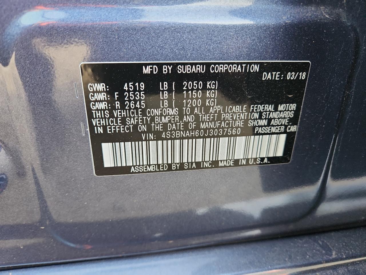 2018 Subaru Legacy 2.5I Premium VIN: 4S3BNAH60J3037560 Lot: 92896825