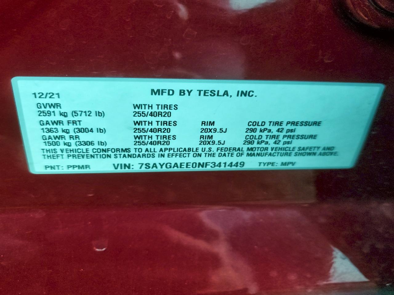 2022 Tesla Model Y VIN: 341449 Lot: 93996995