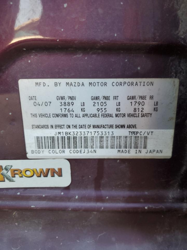 2007 Mazda 3 S VIN: JM1BK323371753313 Lot: 92413285