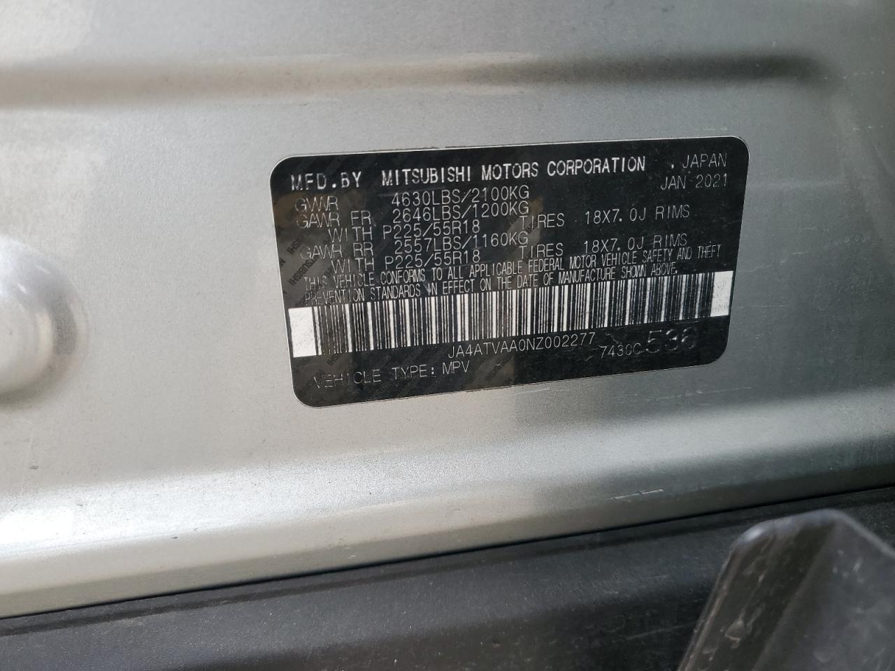 2022 Mitsubishi Eclipse Cross Le VIN: JA4ATVAA0NZ002277 Lot: 93068495