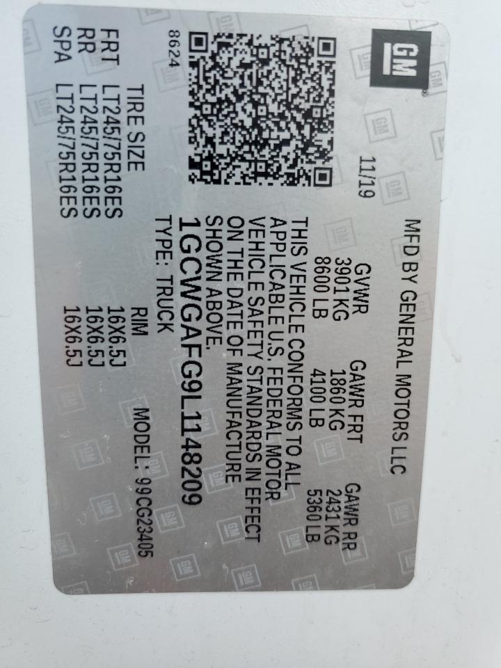 2020 Chevrolet Express G2500 VIN: 1GCWGAFG9L1148209 Lot: 92760035