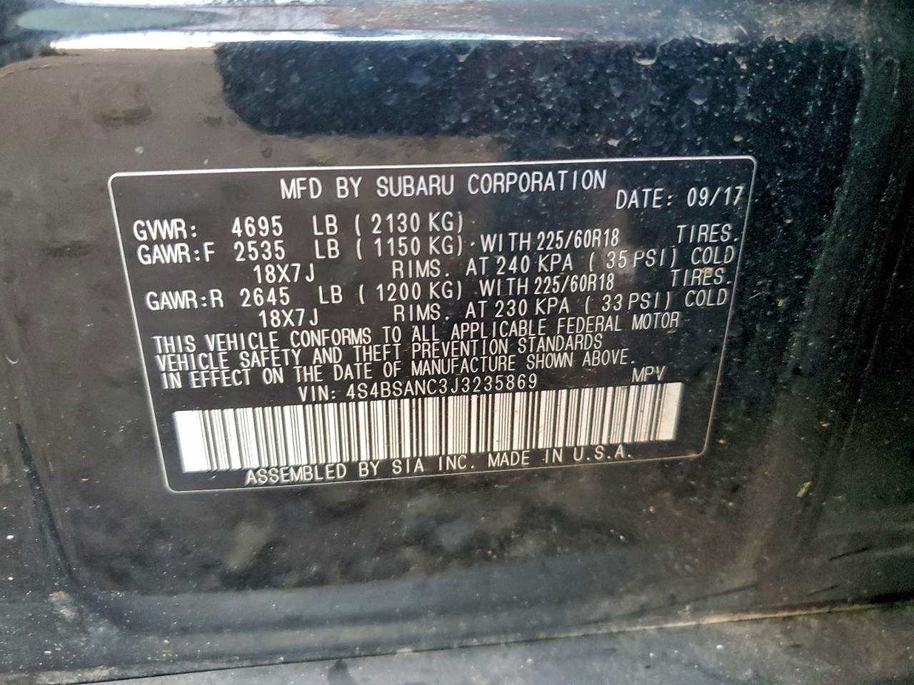 2018 Subaru Outback 2.5I Limited VIN: 4S4BSANC3J3235869 Lot: 94448195