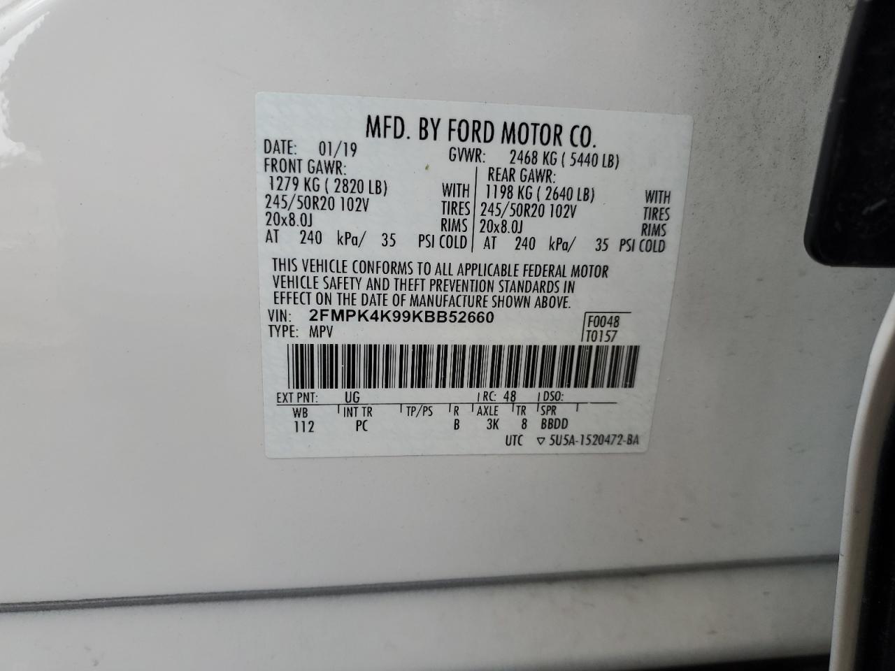 2019 Ford Edge Titanium VIN: 2FMPK4K99KBB52660 Lot: 93431015