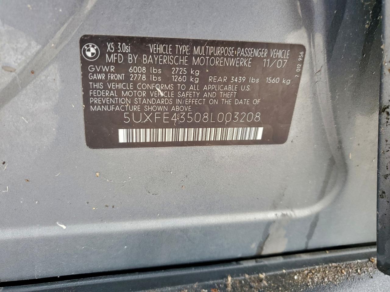 2008 BMW X5 3.0I VIN: 5UXFE43508L003208 Lot: 94444905