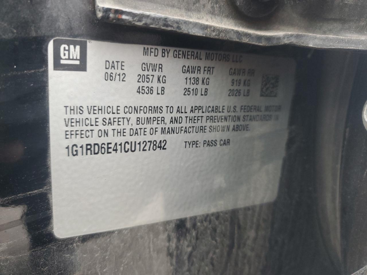 2012 Chevrolet Volt VIN: 1G1RD6E41CU127842 Lot: 93035185