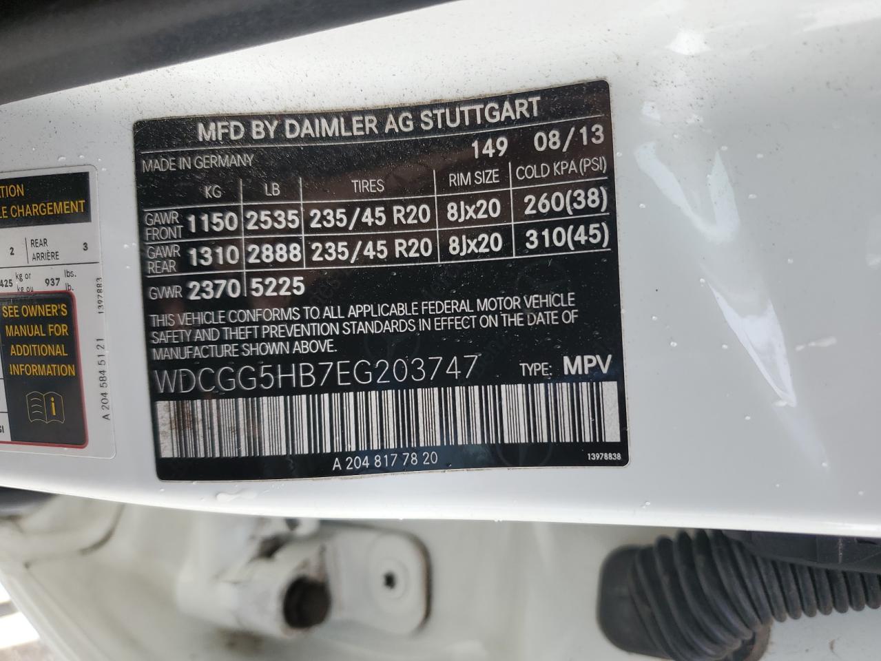 2014 Mercedes-Benz Glk 350 VIN: WDCGG5HB7EG203747 Lot: 93063305