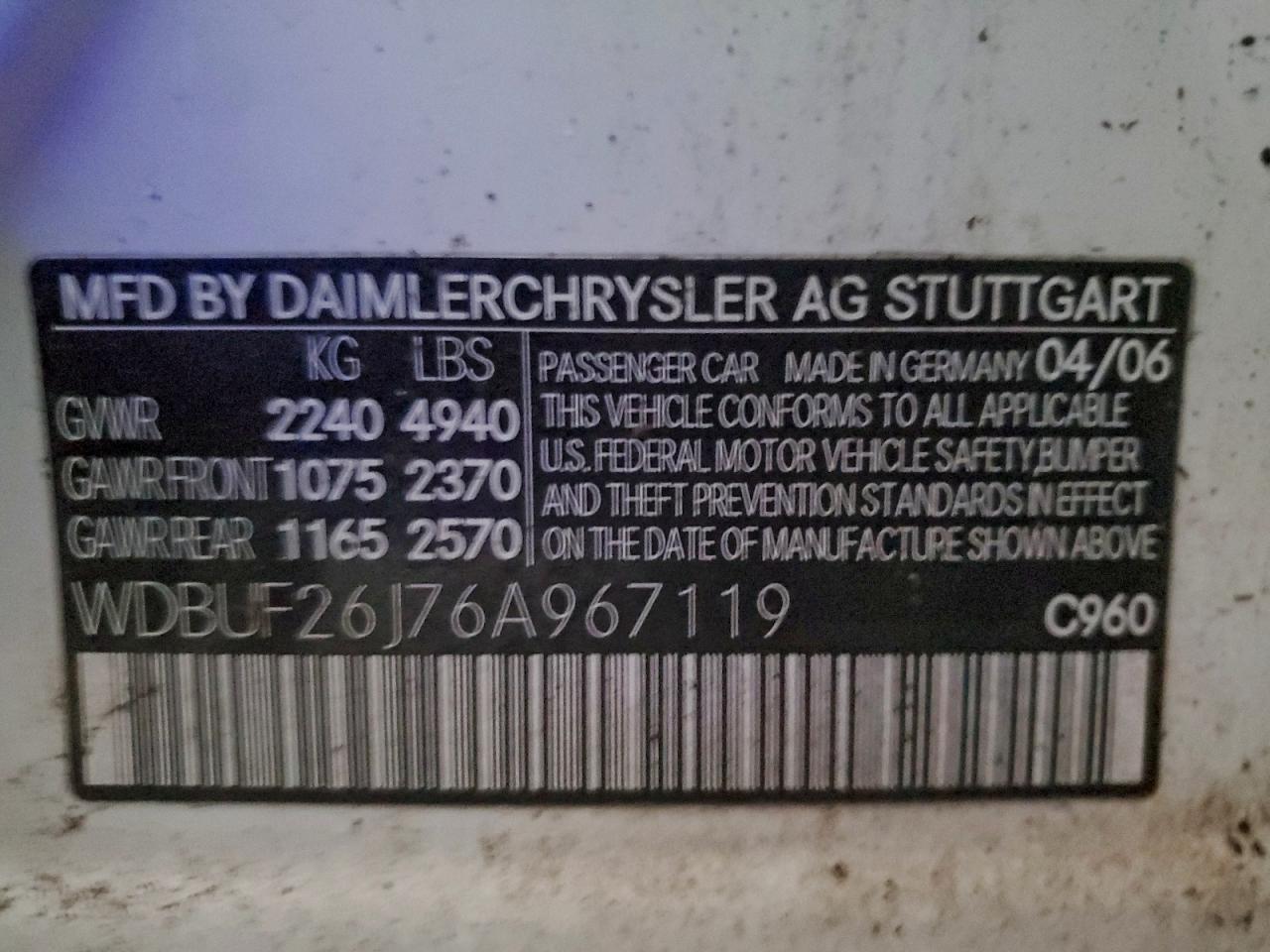 2006 Mercedes-Benz E 320 Cdi VIN: WDBUF26J76A967119 Lot: 92878935