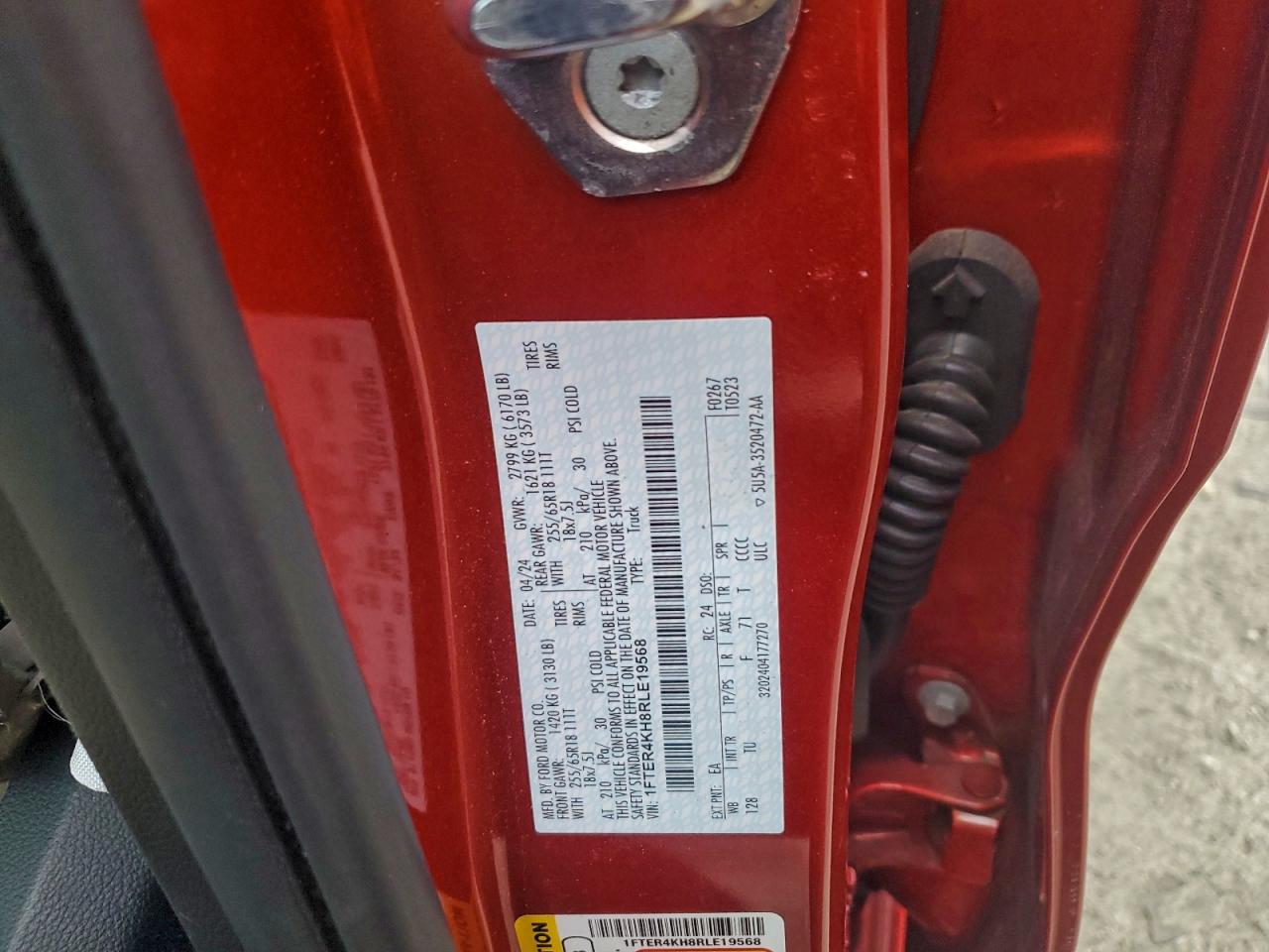 2024 Ford Ranger Lariat VIN: 1FTER4KH8RLE19568 Lot: 94385955