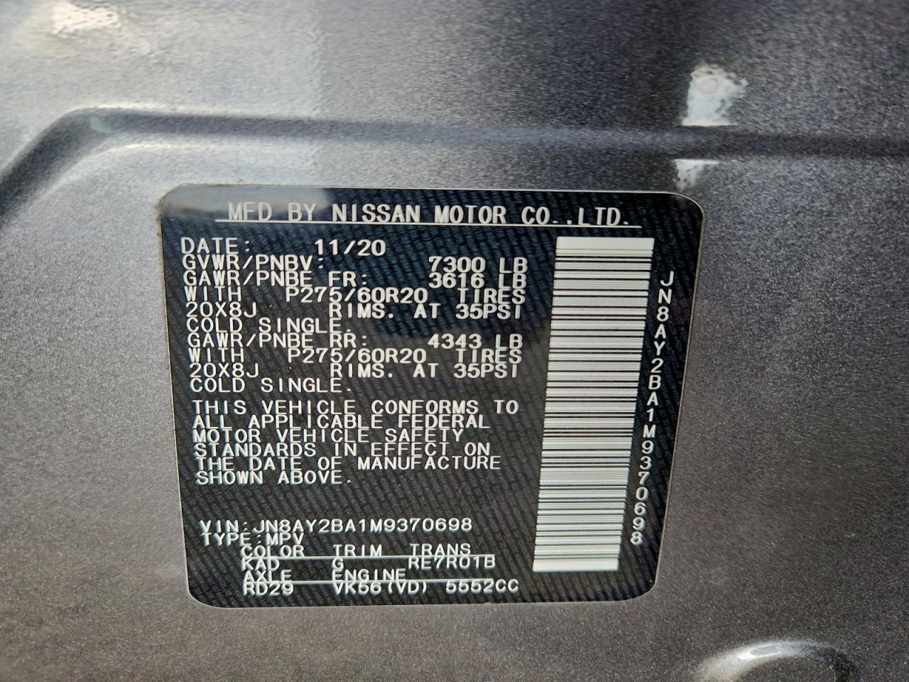 2021 Nissan Armada Sl VIN: JN8AY2BA1M9370698 Lot: 94110865