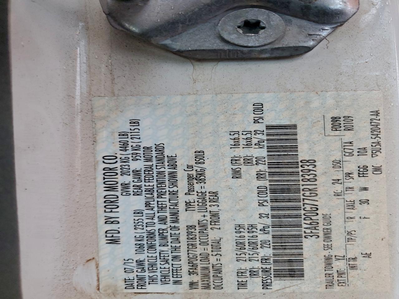 2016 Ford Fusion S VIN: 3FA6P0G77GR183938 Lot: 94436945