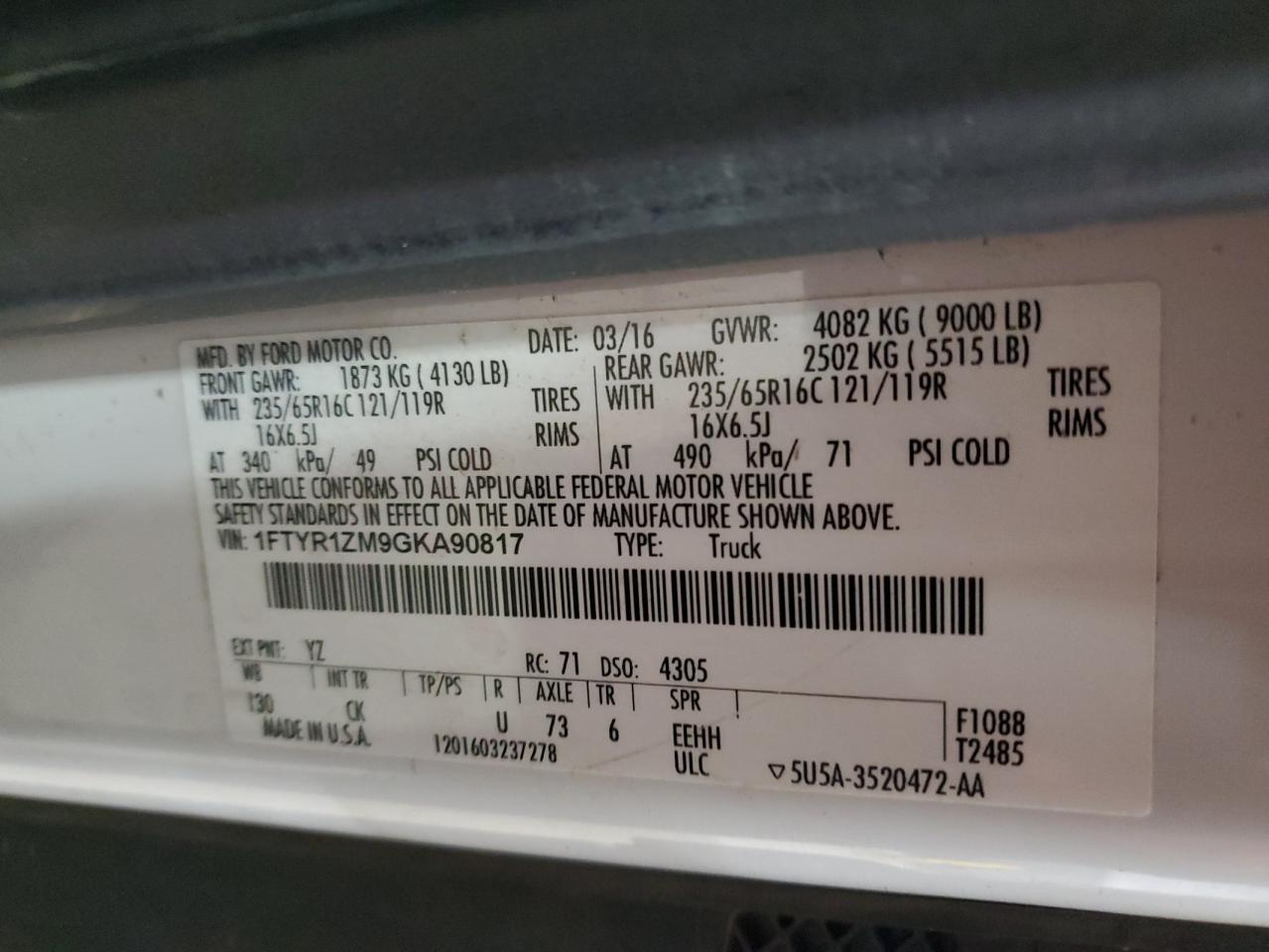 2016 Ford Transit T-250 VIN: 1FTYR1ZM9GKA90817 Lot: 91763955