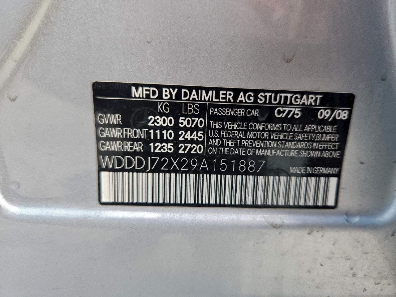 2009 Mercedes-Benz Cls 550 VIN: WDDDJ72X29A151887 Lot: 93690105