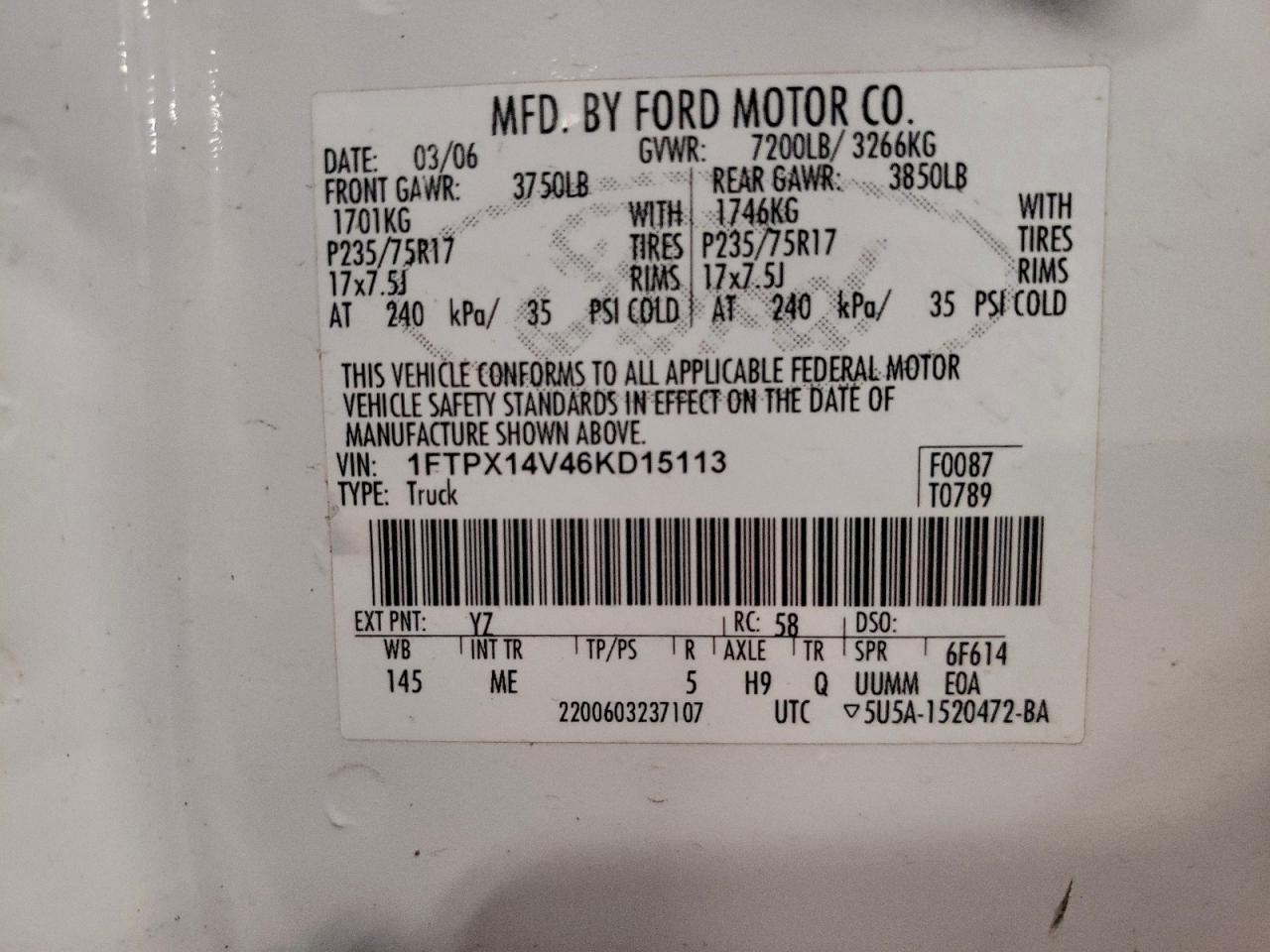 2006 Ford F150 VIN: 1FTPX14V96KD30190 Lot: 93617705