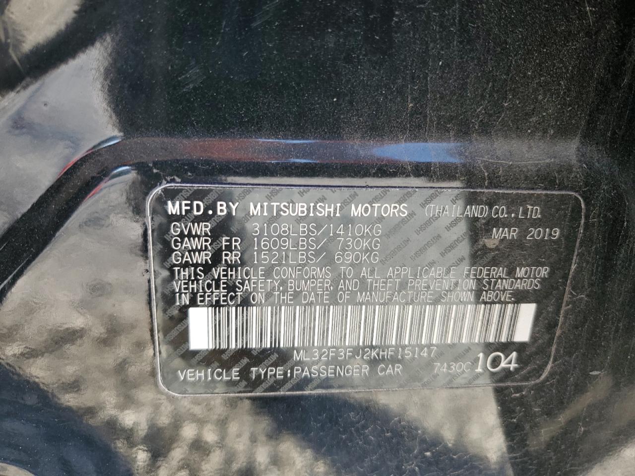 2019 Mitsubishi Mirage G4 Es VIN: ML32F3FJ2KHF15147 Lot: 91866225