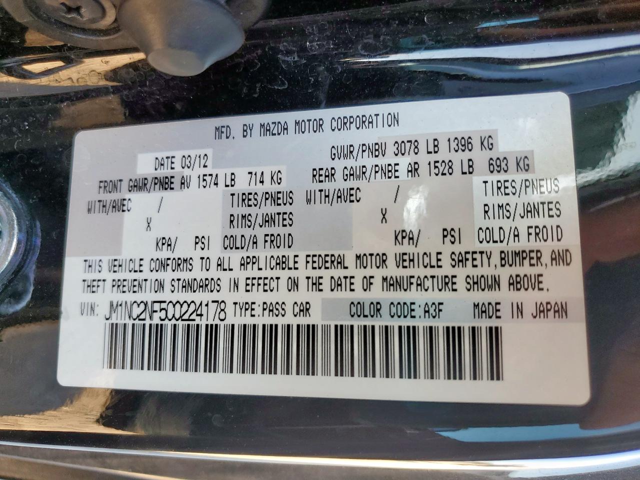 2012 Mazda Mx-5 Miata VIN: JM1NC2NF5C0224178 Lot: 91632875