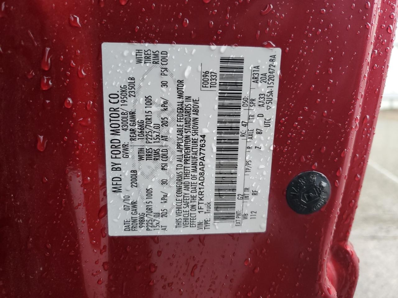 2010 Ford Ranger VIN: 1FTKR1AD8APA77634 Lot: 91917645