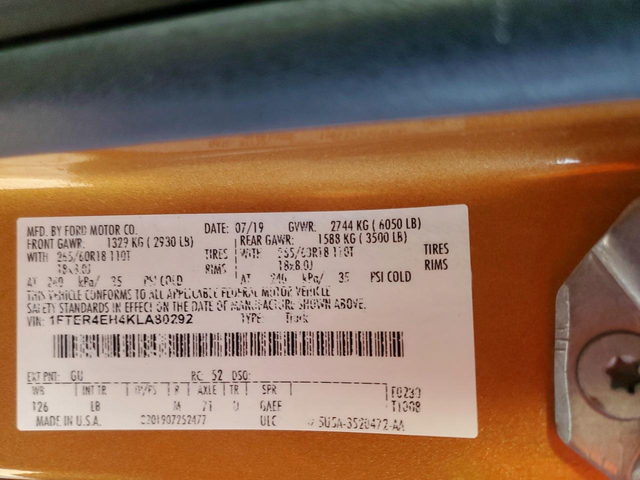 2019 Ford Ranger Xl VIN: 1FTER4EH4KLA80292 Lot: 92952655