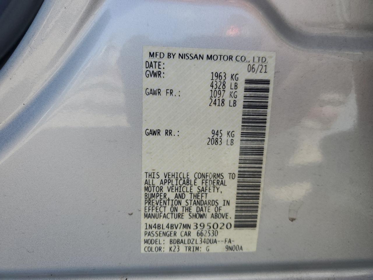 2021 Nissan Altima S VIN: 1N4BL4BV7MN395020 Lot: 90982925