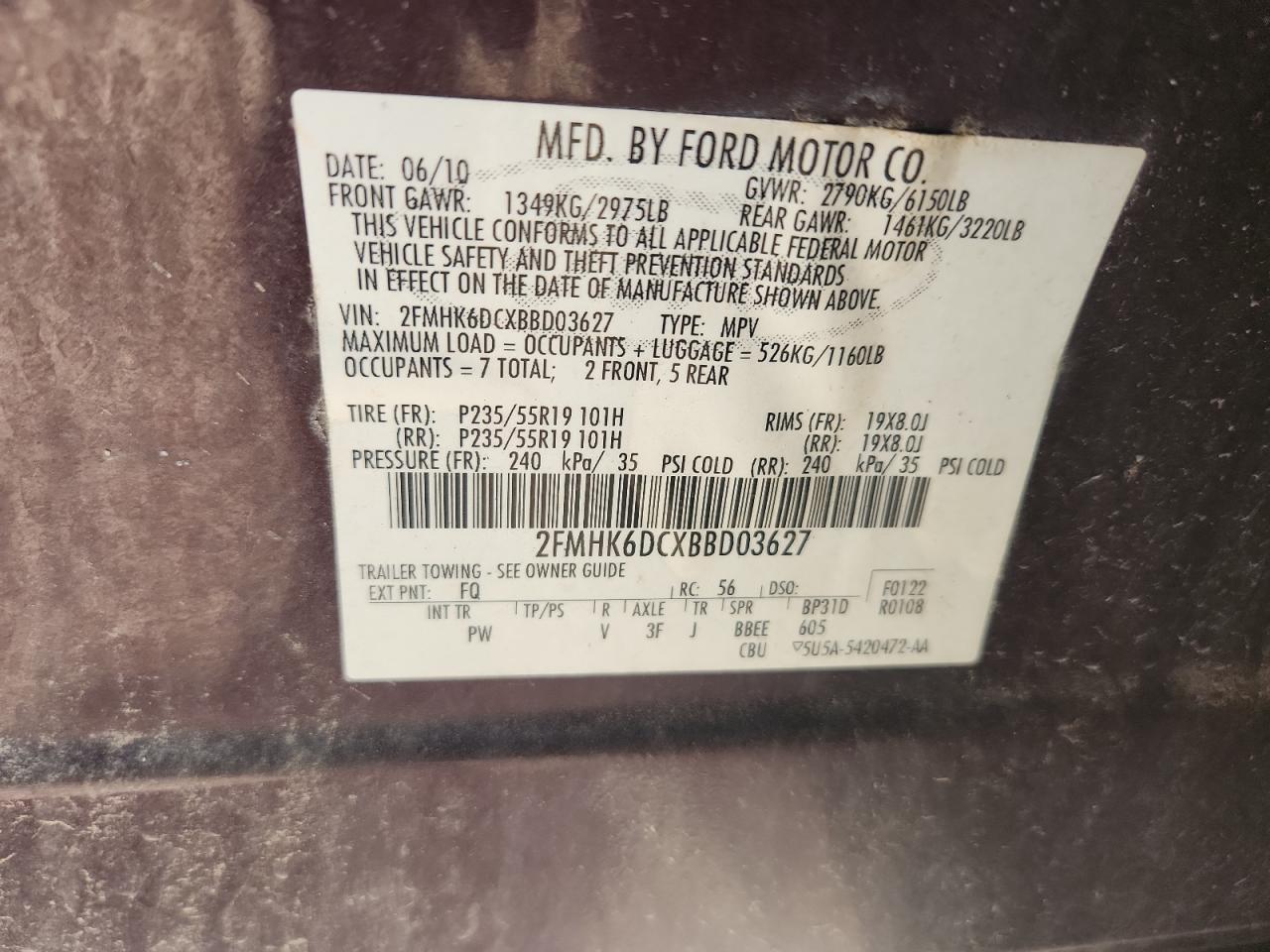 2011 Ford Flex Limited VIN: 2FMHK6DCXBBD03627 Lot: 91202785