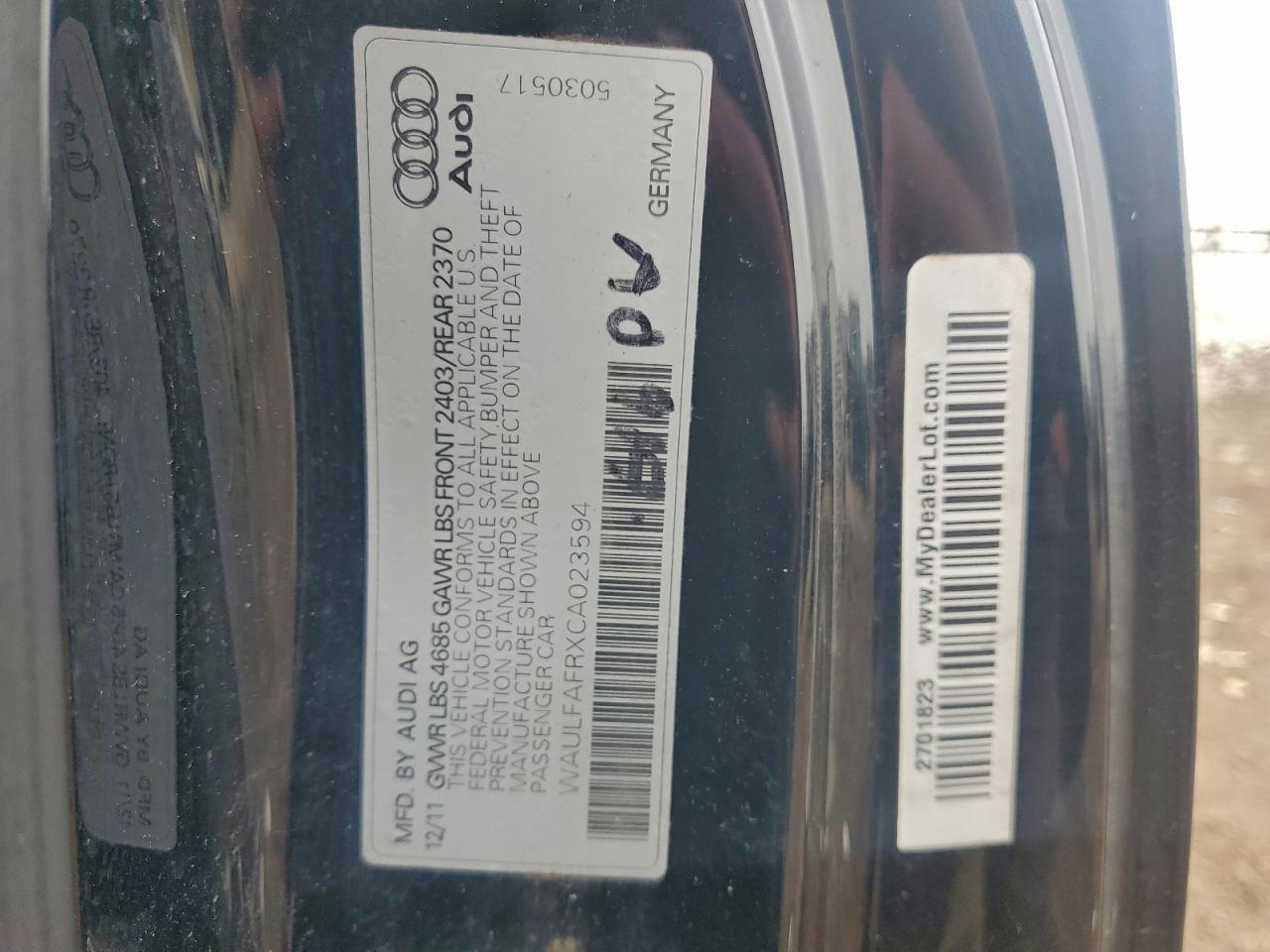 2012 Audi A5 Premium Plus VIN: WAULFAFRXCA023594 Lot: 93648585