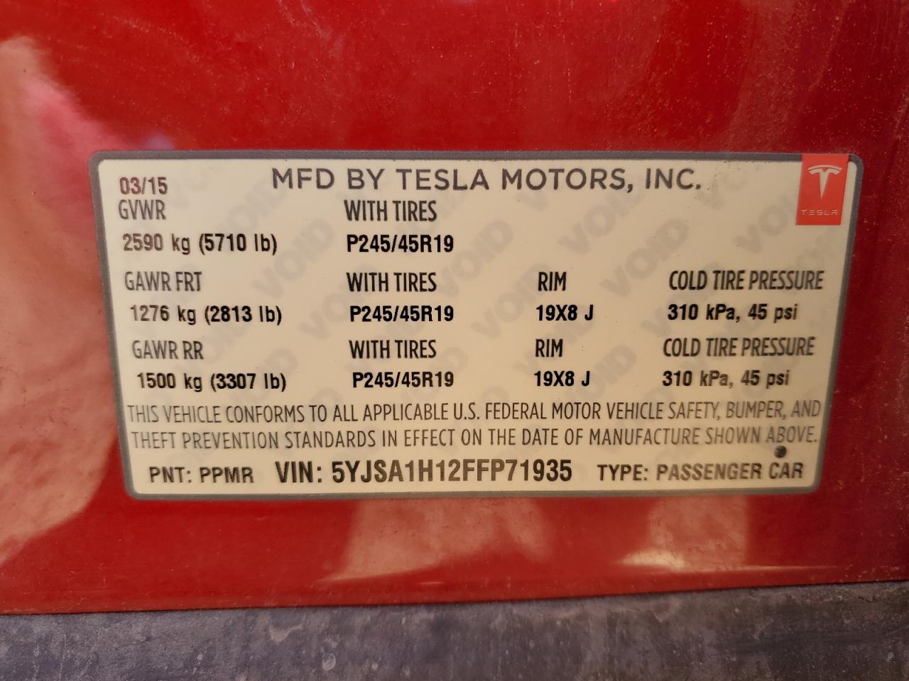 2015 Tesla Model S 85 VIN: 5YJSA1H12FFP71935 Lot: 92305775