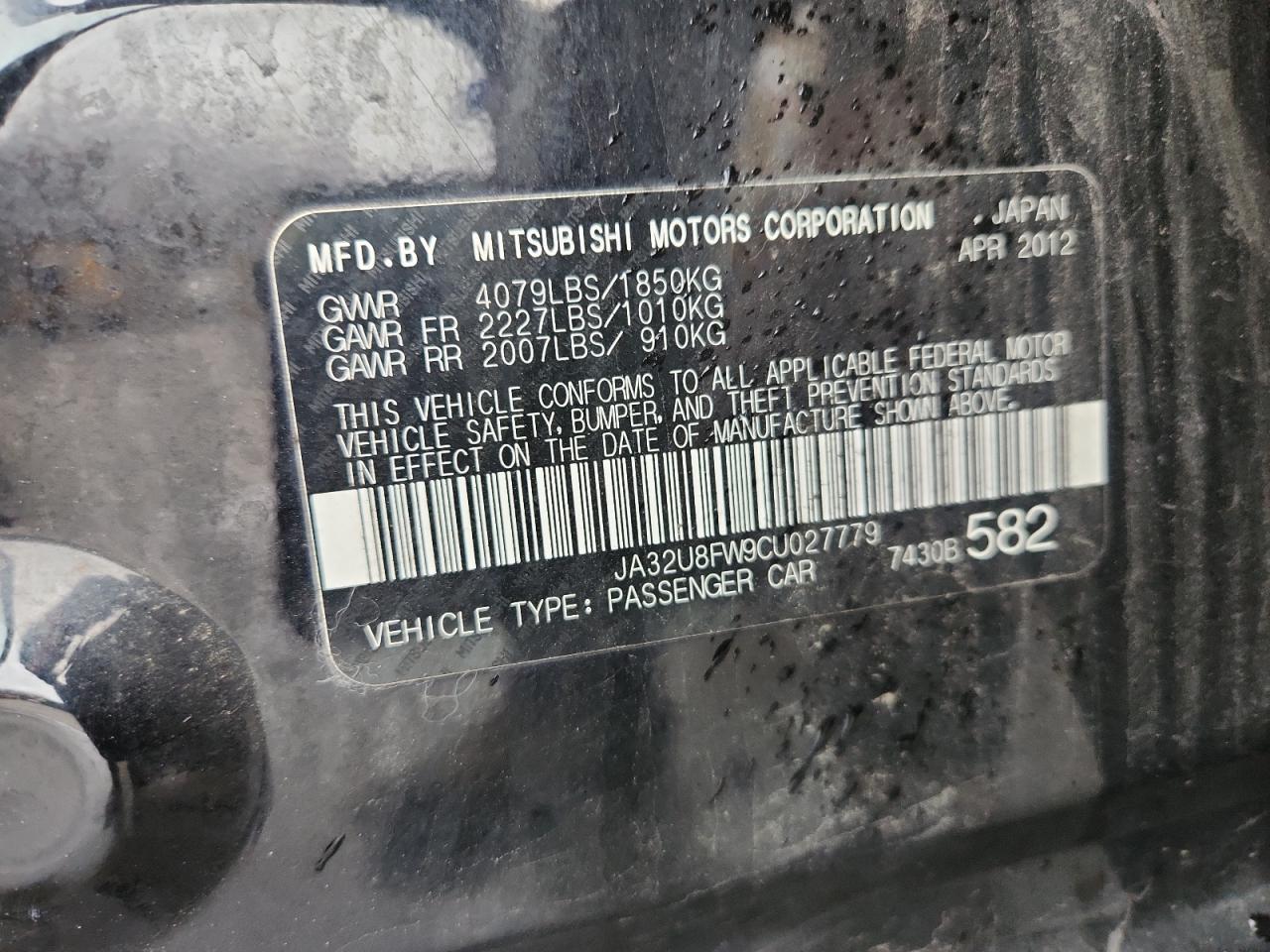 2012 Mitsubishi Lancer Gt VIN: JA32U8FW9CU027779 Lot: 91587145