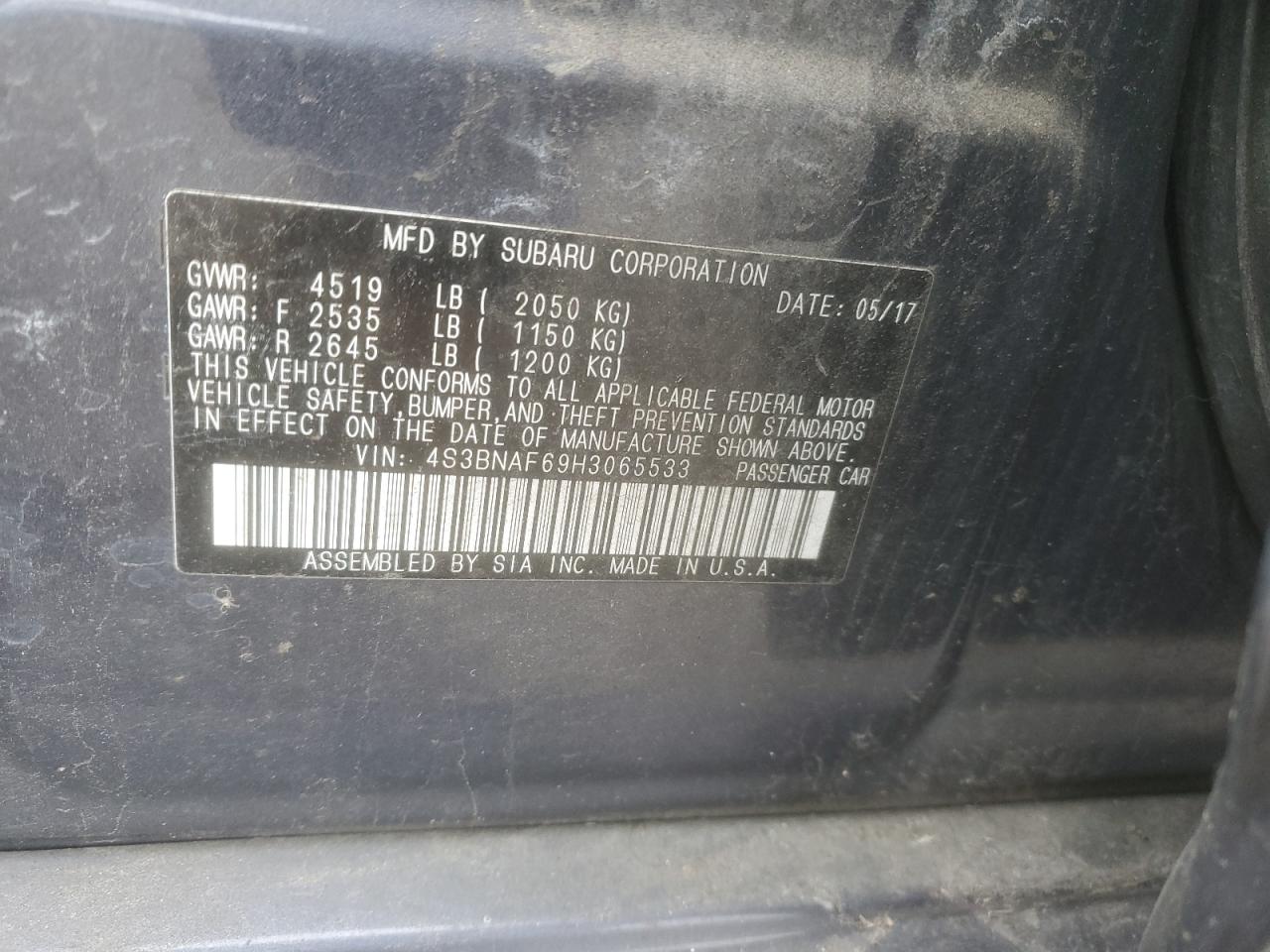 2017 Subaru Legacy 2.5I Premium VIN: 4S3BNAF69H3065533 Lot: 92378435