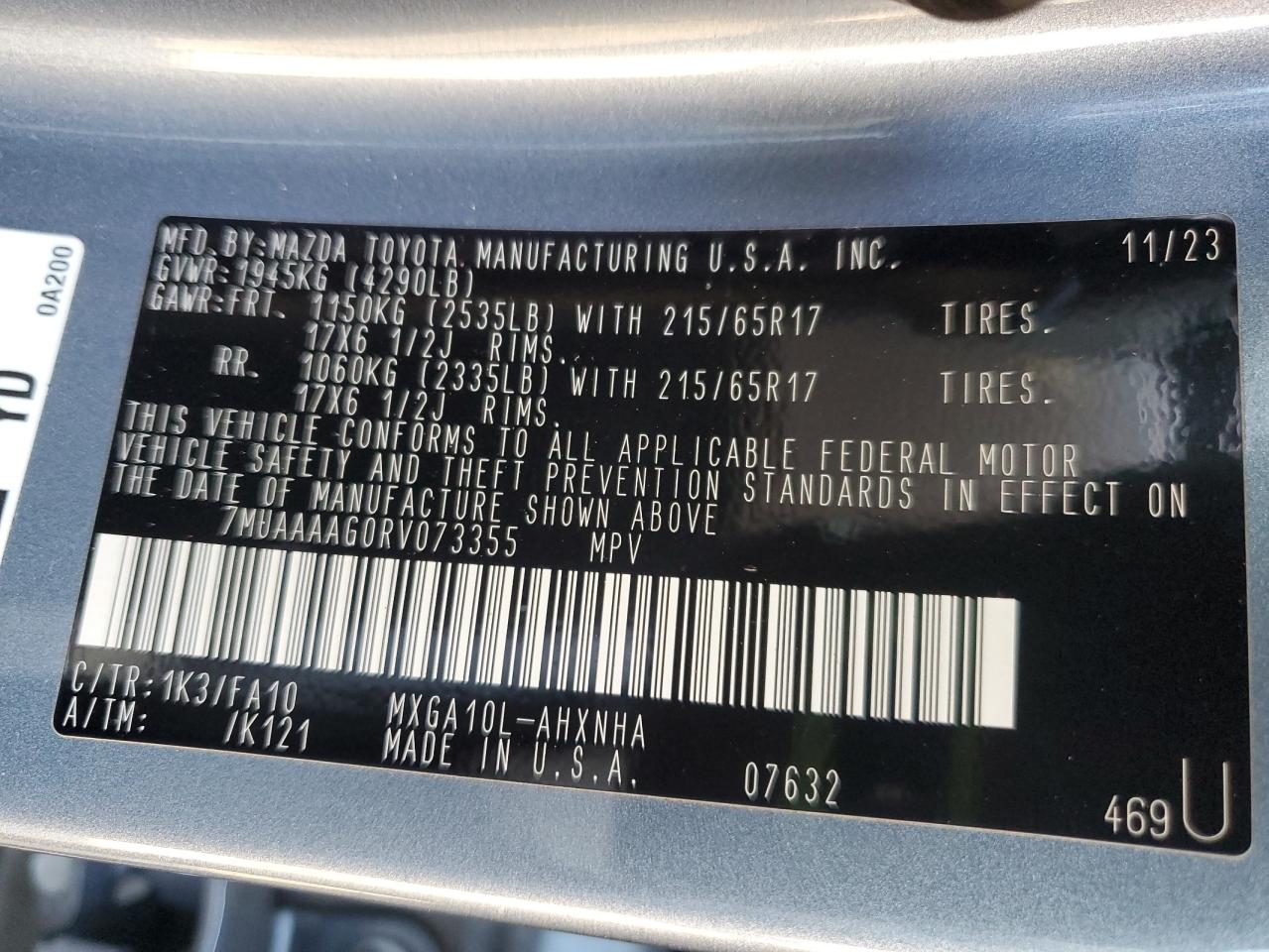 2024 Toyota Corolla Cross L VIN: 7MUAAAAG0RV073355 Lot: 93494555