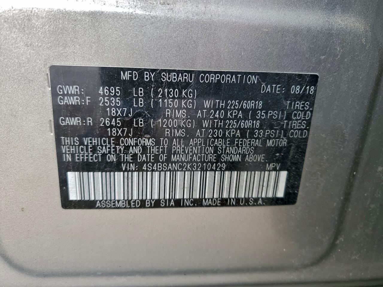 2019 Subaru Outback 2.5I Limited VIN: 4S4BSANC2K3210429 Lot: 94069845