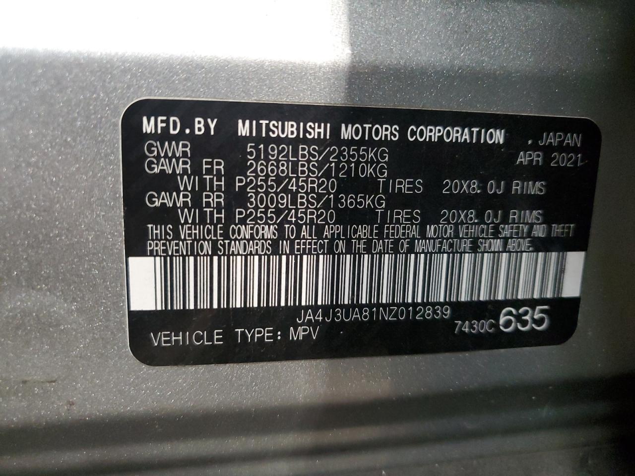 2022 Mitsubishi Outlander Se VIN: JA4J3UA81NZ012839 Lot: 91822945