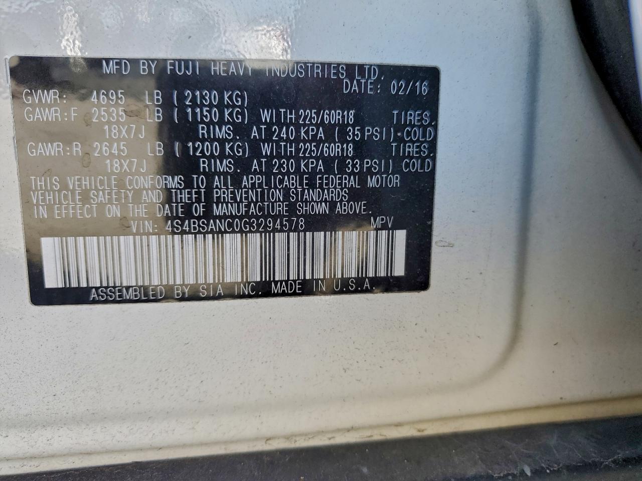 2016 Subaru Outback 2.5I Limited VIN: 4S4BSANC0G3294578 Lot: 94641685