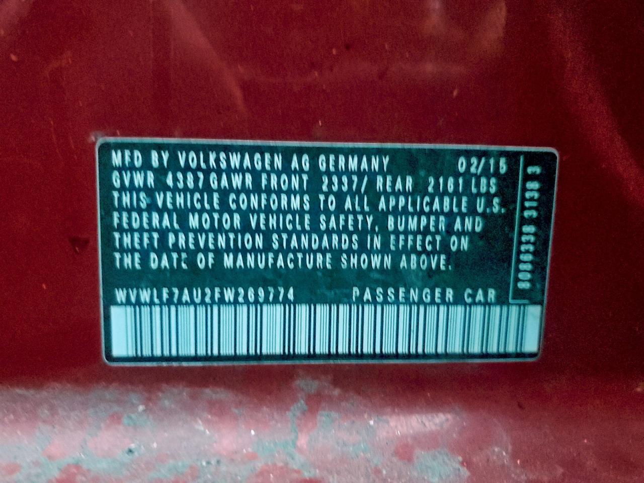 2015 Volkswagen Golf R VIN: WVWLF7AU2FW269774 Lot: 94256055