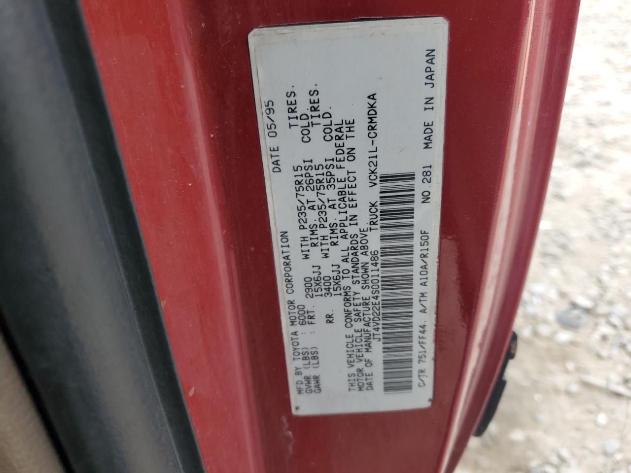 1995 Toyota T100 Xtracab Dx VIN: JT4VD22E4S0011486 Lot: 91653845