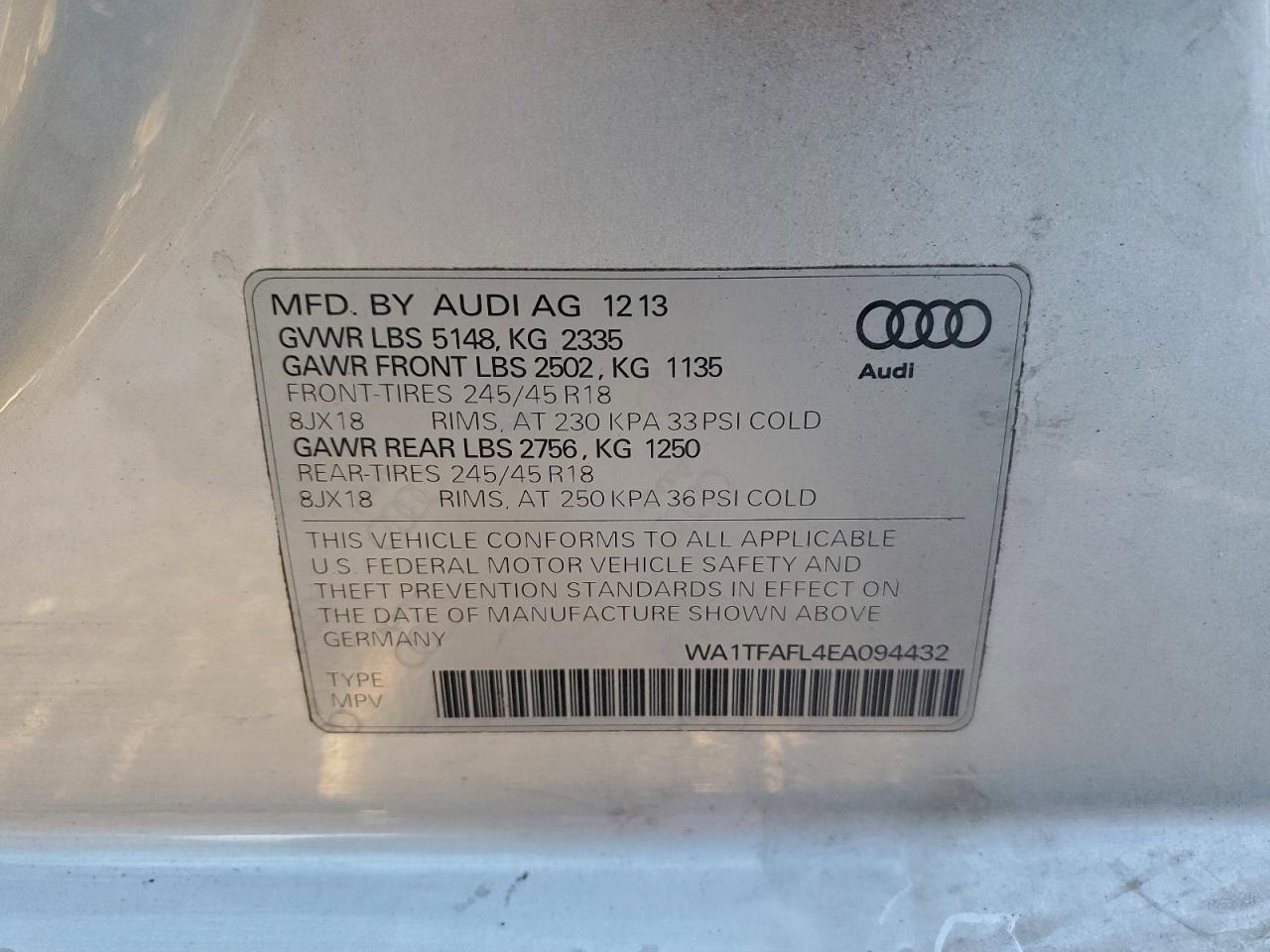 2014 Audi A4 Allroad Premium VIN: WA1TFAFL4EA094432 Lot: 94064235
