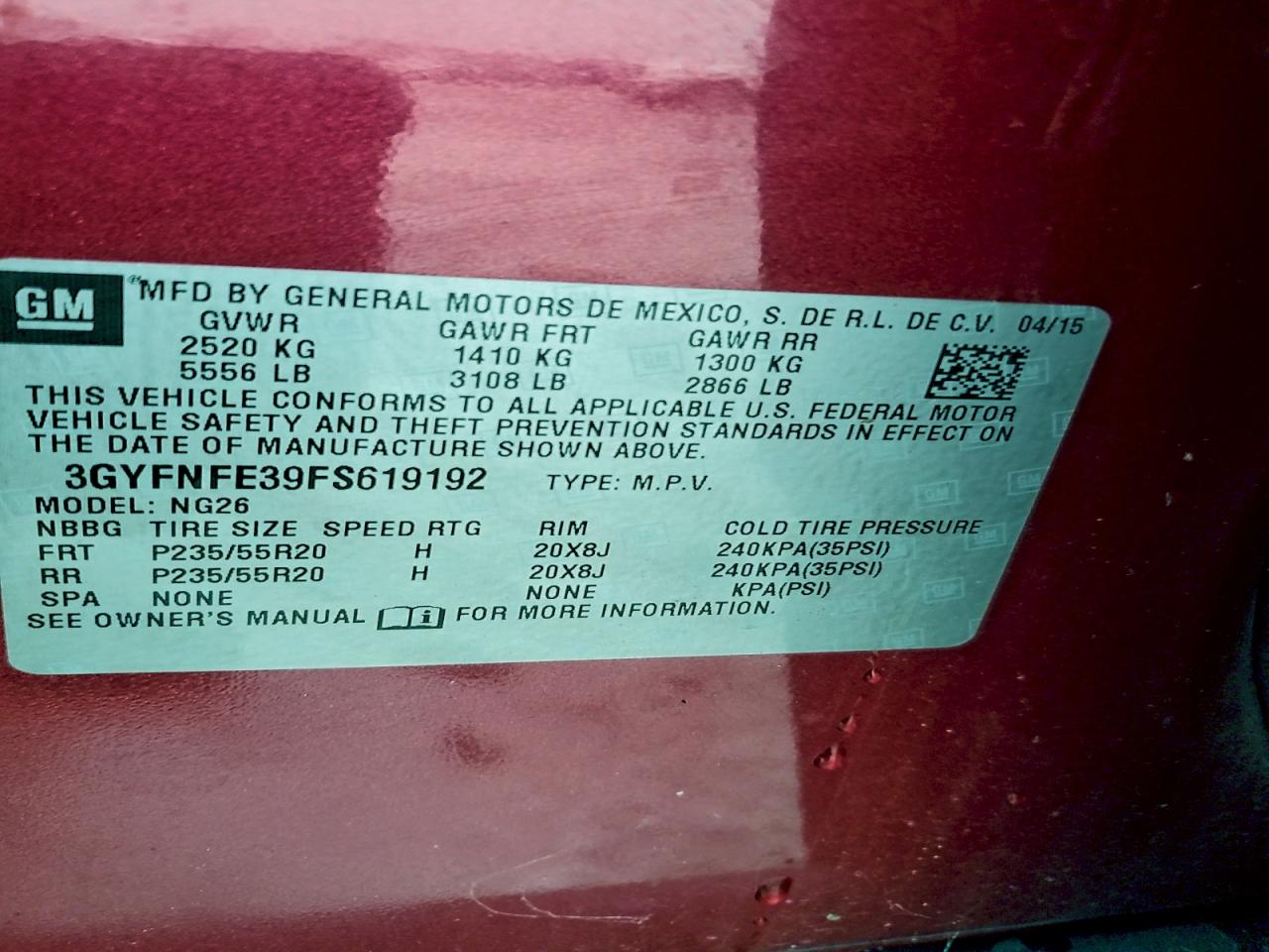 2015 Cadillac Srx Performance Collection VIN: 3GYFNFE39FS619192 Lot: 92720525