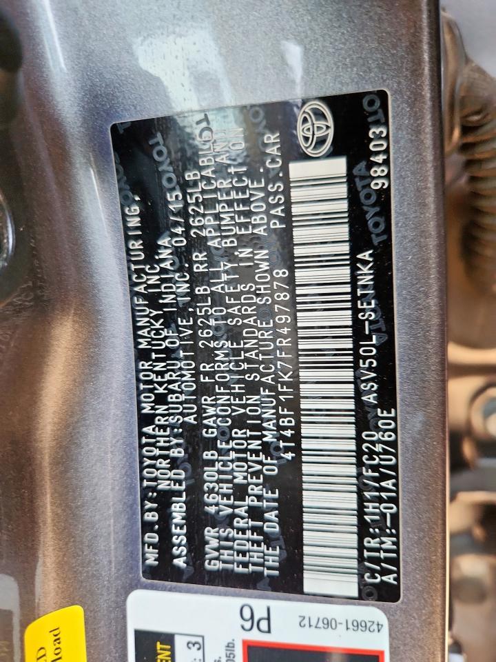 2015 Toyota Camry Le VIN: 4T4BF1FK7FR497878 Lot: 93371065