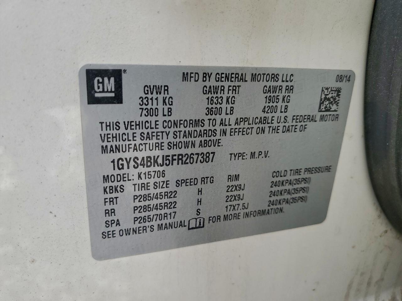 2015 Cadillac Escalade Luxury VIN: 1GYS4BKJ5FR267387 Lot: 94383455