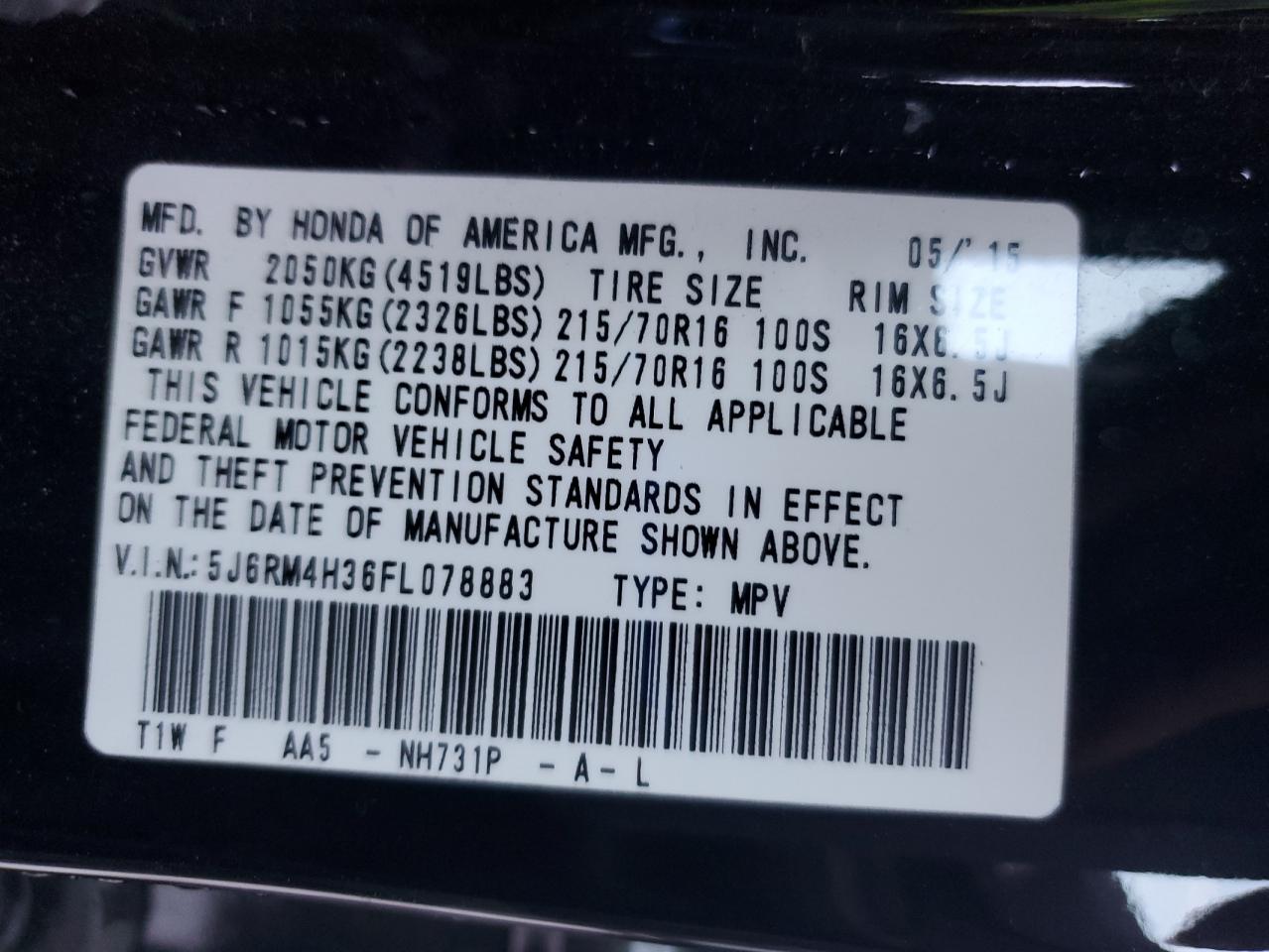 2015 Honda Cr-V Lx VIN: 5J6RM4H36FL078883 Lot: 91118045