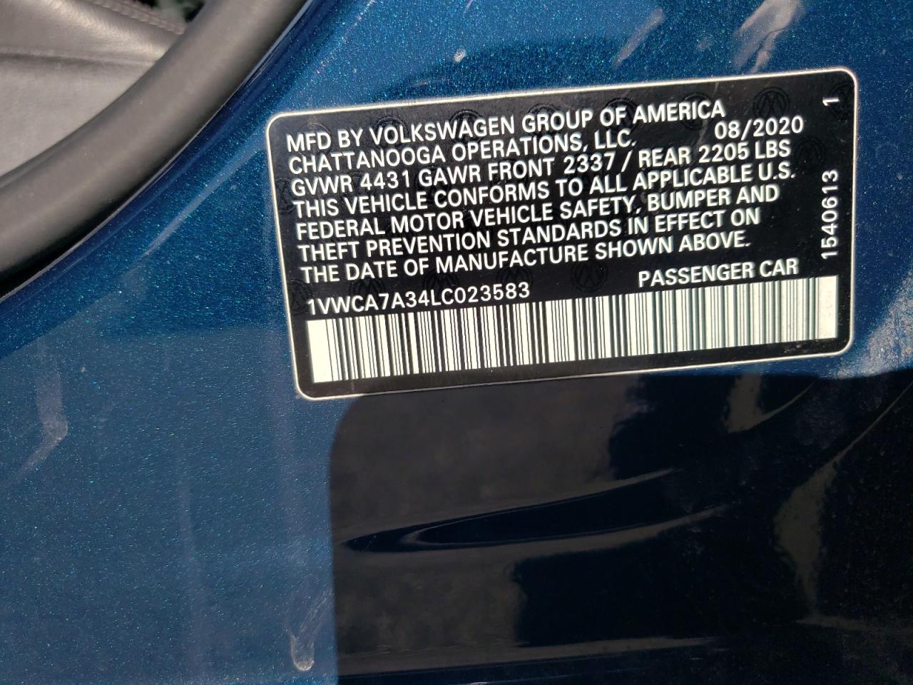 2020 Volkswagen Passat Sel VIN: 1VWCA7A34LC023583 Lot: 92784195