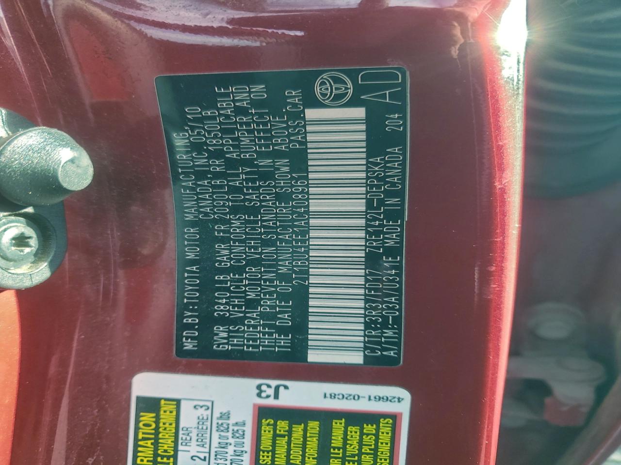 2010 Toyota Corolla Base VIN: 2T1BU4EE1AC408961 Lot: 94557805