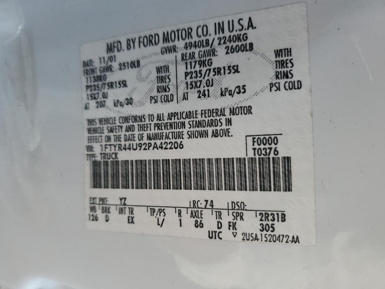 2002 Ford Ranger Super Cab VIN: 1FTYR44U92PA42206 Lot: 92304915