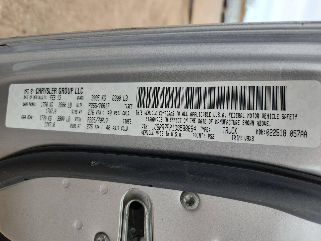 2013 Ram 1500 St VIN: 1C6RR7FP1DS588664 Lot: 92018635